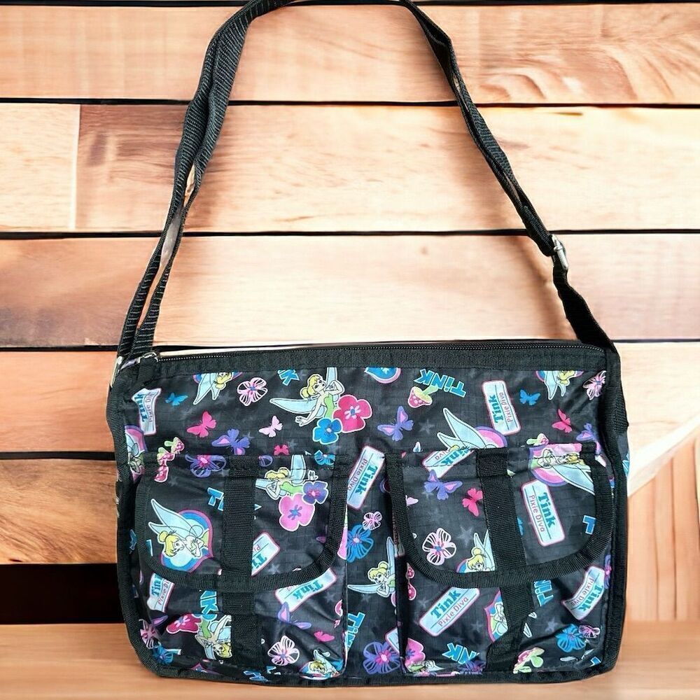 Disney Tinker Bell Pixie Diva Butterflies Print Nylon Adjustable Crossbody Bag